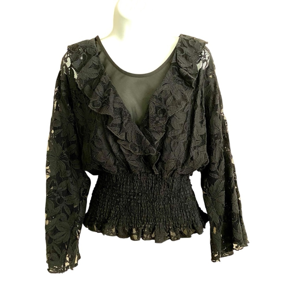 Sunny Leigh Black Lace Blouse Size Medium Smocked Waist Long Sleeve Top